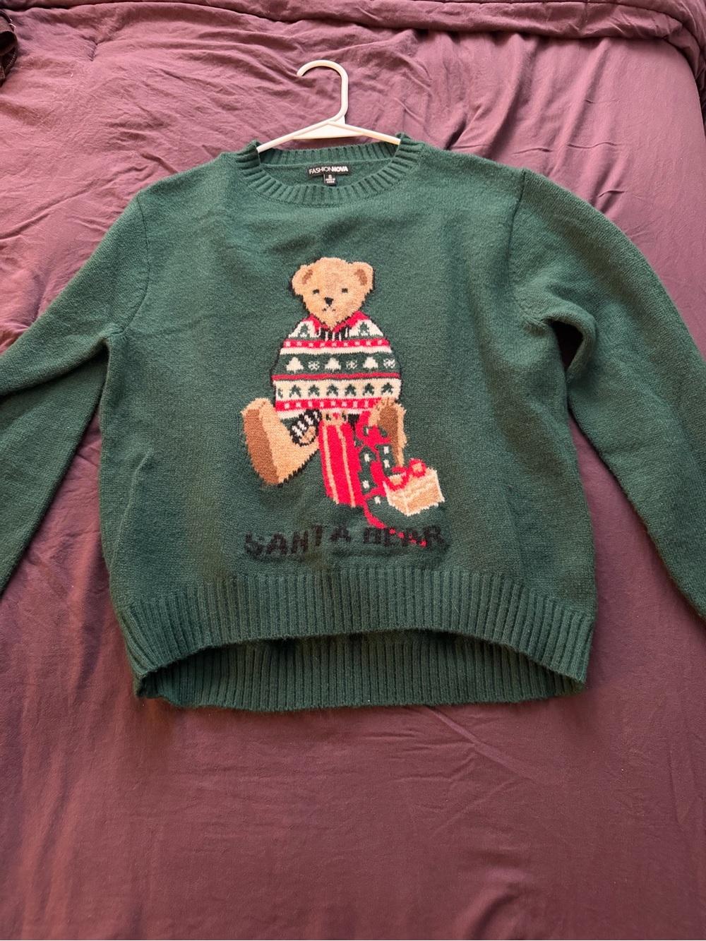 Fashion Nova Green Teddy Bear Crewneck Sweater with Holiday Motif